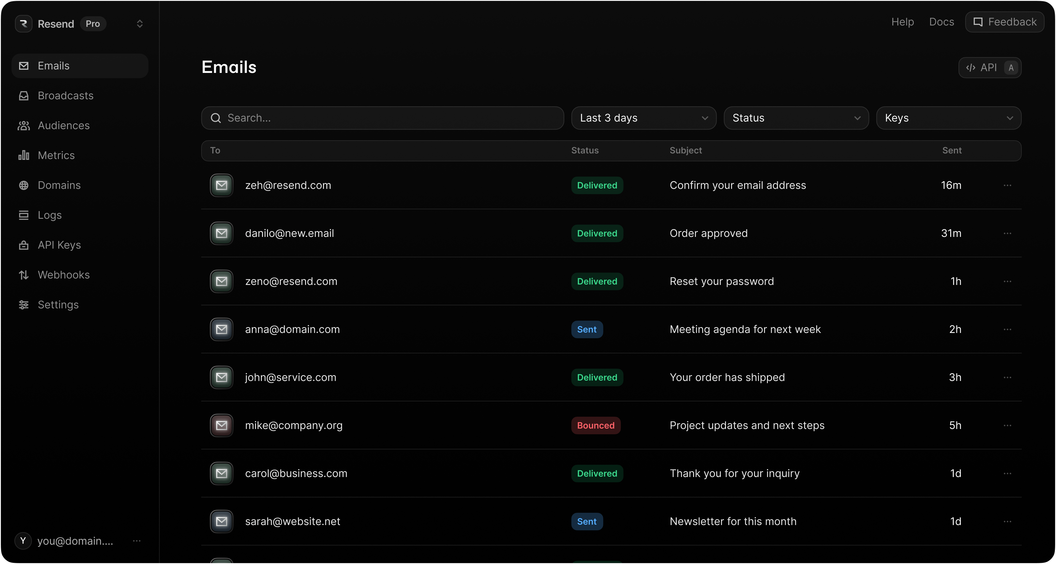 Resend Emails page